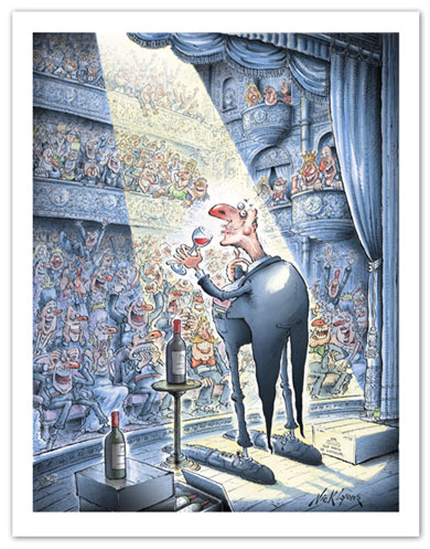 Man teases audience on theatre stage with a good glass of wine.