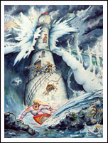 Cartoon of Joe Powder surfing around a lighthouse